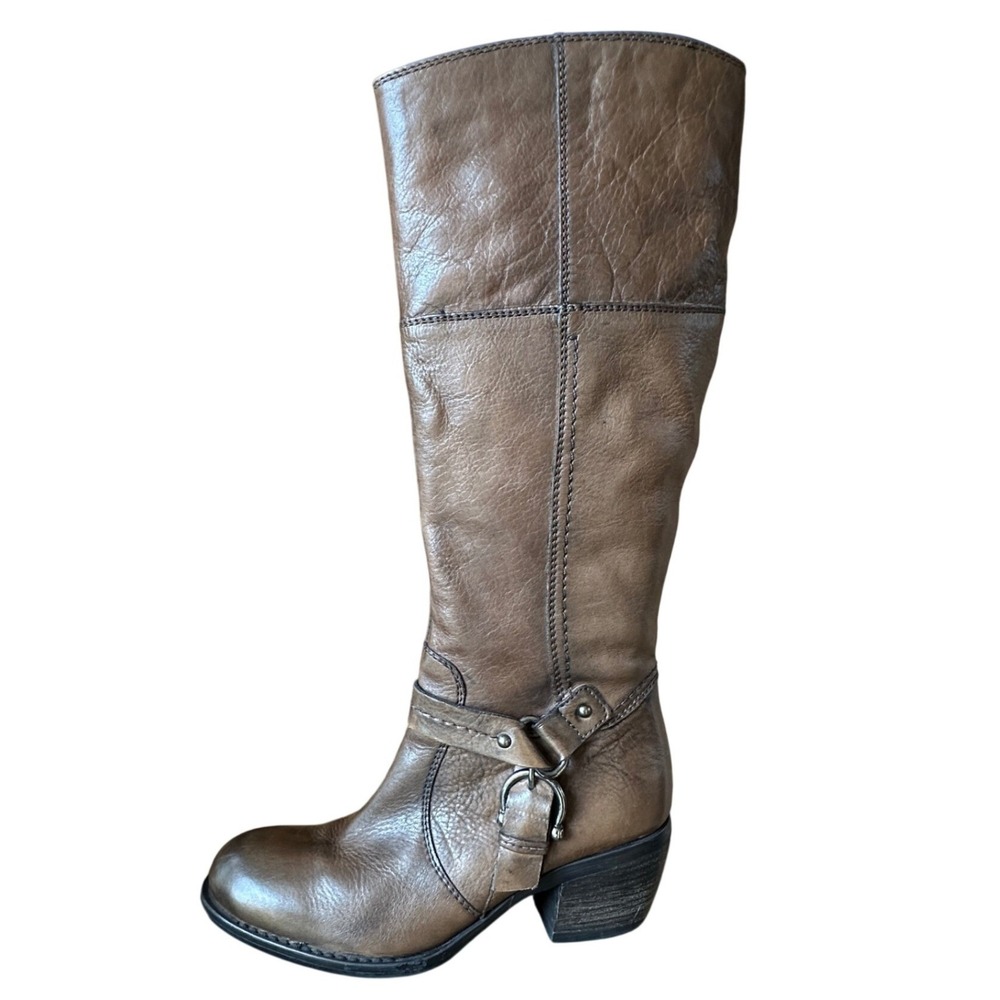 Clarks Brown Leather Tall Riding Boots 62418 Womens 7M Harness Buckle Moto Boot